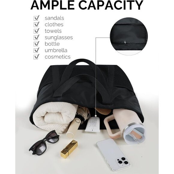 Women Black Beach Bag Large Waterproof Sandproof Foldable Tote With Zipper Mesh - Picture 6 of 7